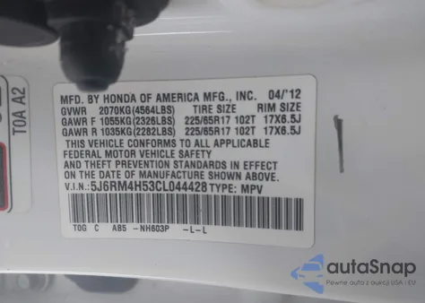 2012 Honda Cr-V Ex z USA, uszkodzony, nr VIN 5J6RM4H53CL044428
